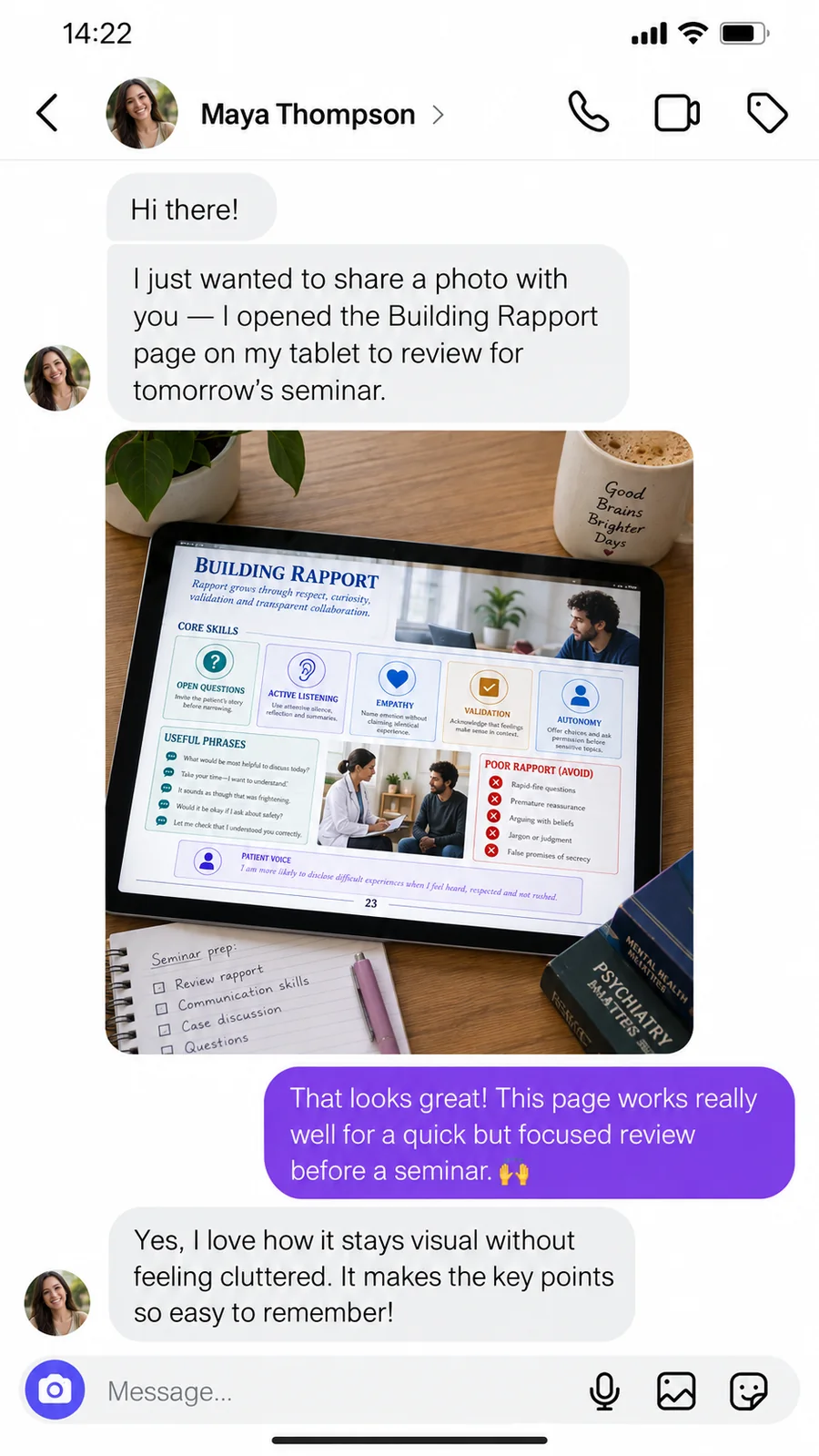 Reader conversation about reviewing a building rapport page on a tablet