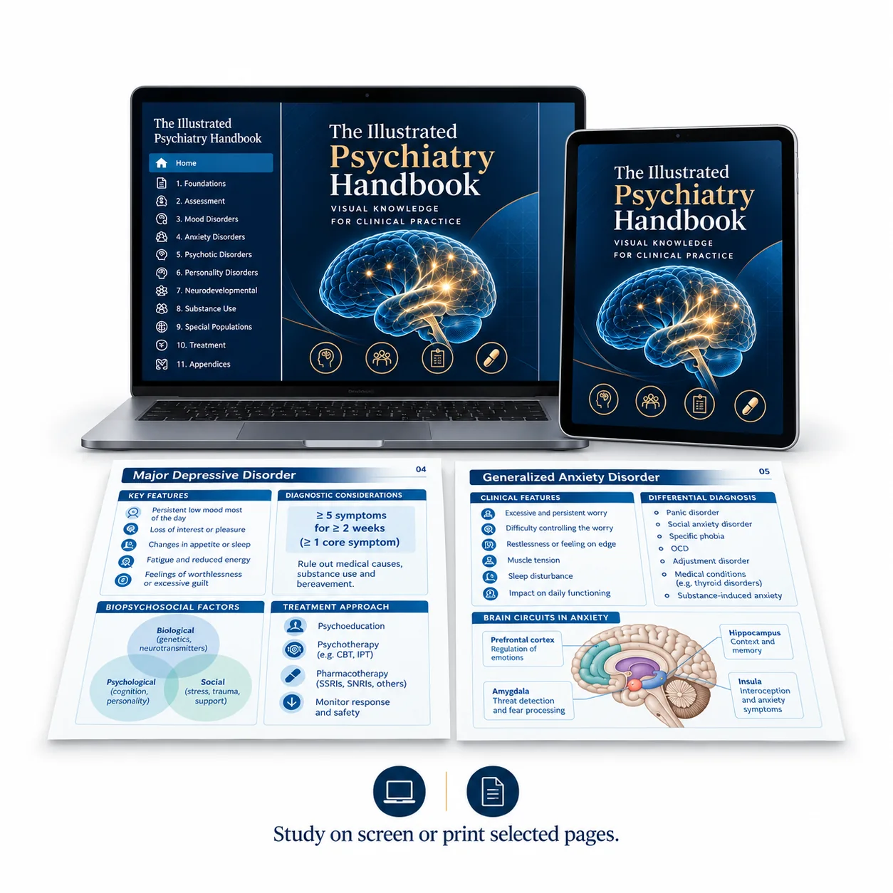 Handbook shown on laptop and tablet with selected printed pages