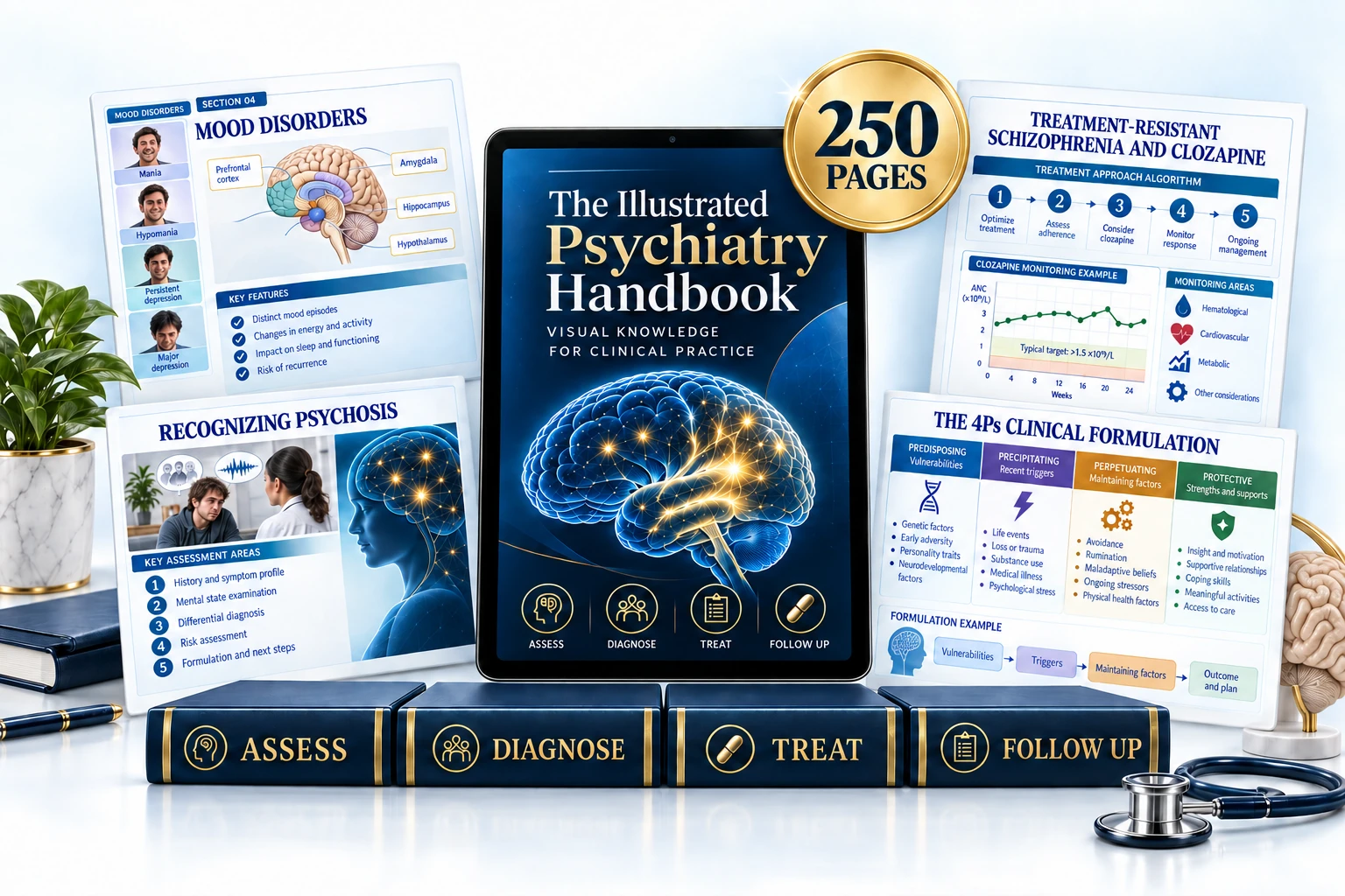 The 250-page Illustrated Psychiatry Handbook shown with visual pages for mood disorders, psychosis, clinical formulation and treatment-resistant schizophrenia