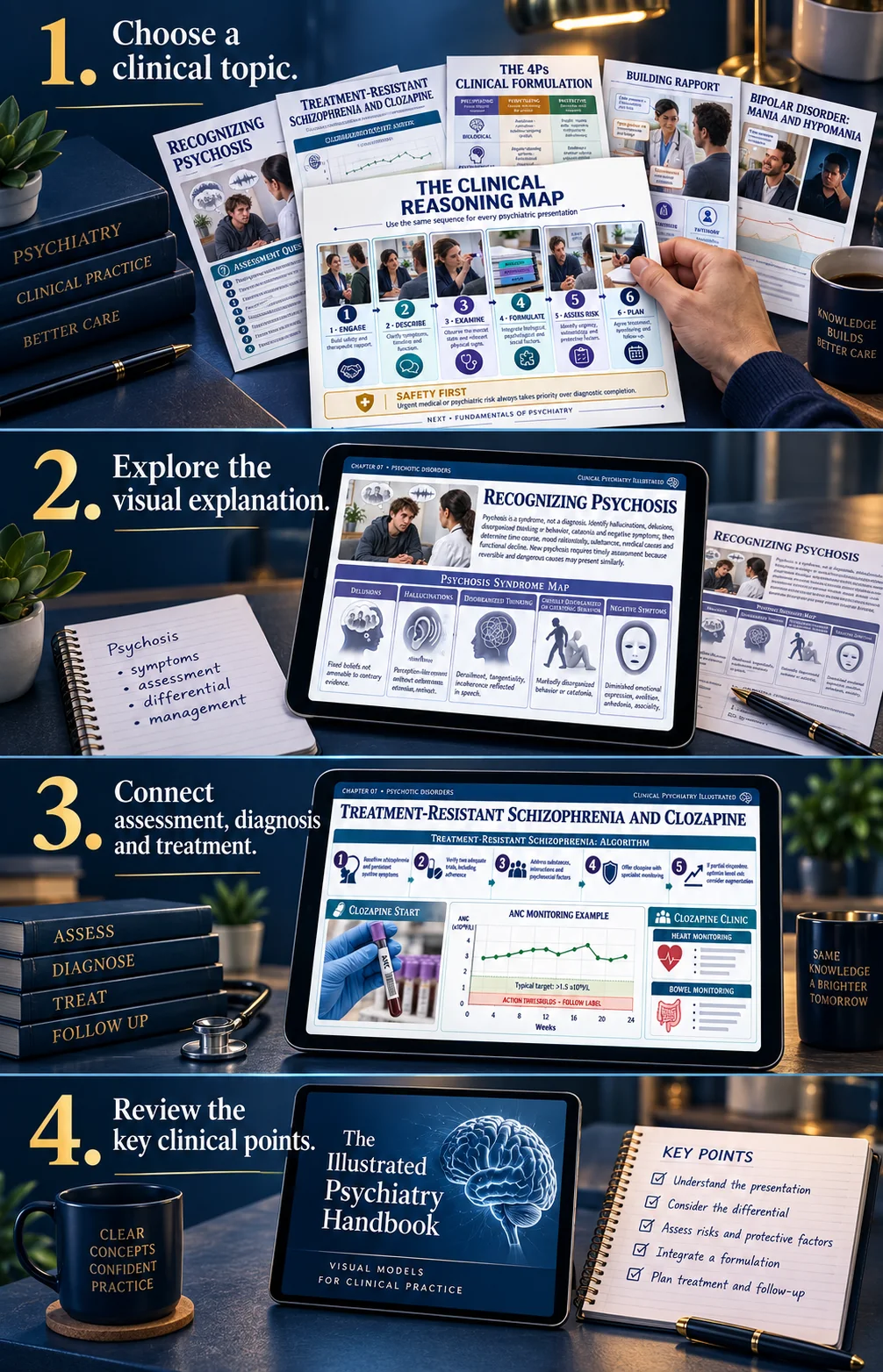 Four-step visual study method from choosing a clinical topic to reviewing key points