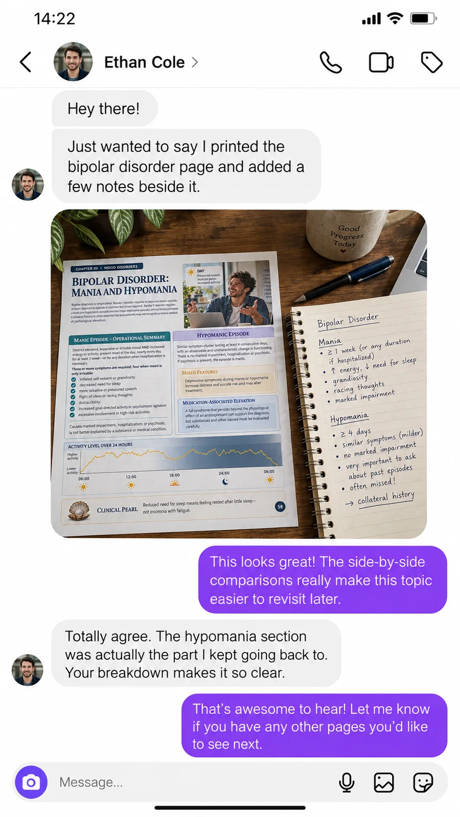 Reader conversation about printing and annotating a bipolar disorder page